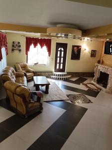 Una sala de estar con muebles de cuero y chimenea. en Casa Alboi, en Ciocăneşti