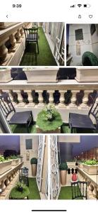 a collage of photos of a building with chairs and grass at STUNNINg 3BR 4AC CLASSY FURNITURE FLAT شقه من ثلاث غرف فخمه جداااا مجهزه بالكامل للايجار اليومي او الشهري in Cairo
