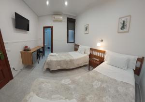 um quarto de hotel com duas camas e uma televisão em Hostal Dulcinea em Madri
