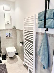 een badkamer met een toilet en een handdoekenrek bij Red Rock Apartments - mit Parkplatz, Küche und Netflix in Trier
