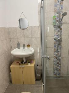 a bathroom with a sink and a shower at Keresztes Lak in Badacsonytördemic