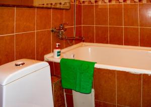 ein Badezimmer mit einem WC, einer Badewanne und einem grünen Handtuch in der Unterkunft Париж in Petropawlowsk