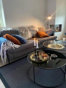 uma sala de estar com um sofá e duas mesas em Charming apartment in Meråker em Meråker