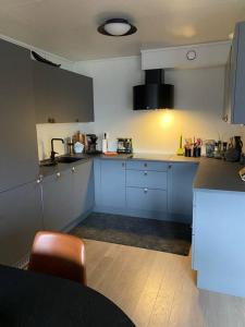 Charming apartment in Meråker في Meråker: مطبخ مع دواليب زرقاء وقمة كونتر