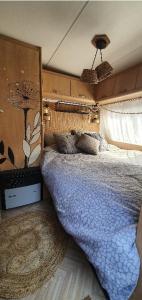 een slaapkamer met een bed met een blauw dekbed bij insolite: la p'tite maison à roulettes in Jalhay