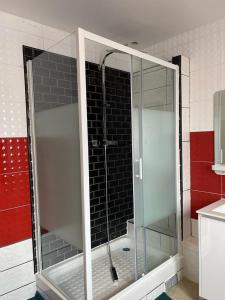 a shower with a glass door in a bathroom at MAISON CHIC ET CALME in Étampes