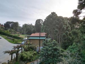 a cabin in the middle of a park with trees at Pousada Canto da Nascente in Monte Verde