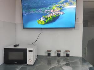a flat screen tv hanging on a wall next to a microwave at Emilie Guest House in Haifa