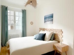 een slaapkamer met een groot wit bed met blauwe kussens bij "Douceur de vignes", cosy, coeur de ville, Classé 3 étoiles - BY PRIMO C0NCIERGERIE in Chalon-sur-Saône