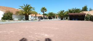 an empty parking lot with palm trees and a garage at Oléron Mobil home climatisé tout confort 50 m de l'océan in La Bétaudière