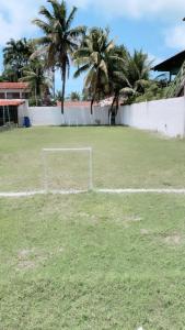 a soccer field with palm trees in the background at Hostel Adriana Alves in Porto De Galinhas