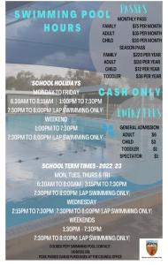 a flyer for a swimming pool hours at the beach at Ali's Underground Studio in Coober Pedy