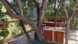 una terraza de madera con un banco y un árbol en Cabaña Modesto, en Olmué