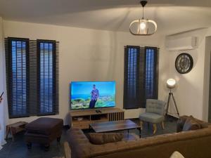 a living room with a couch and a flat screen tv at Résidence Le Panorama 1 in Petite Île