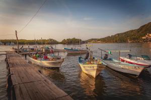 a group of boats are docked at a dock at ESTUDIO 21 in Barra de Navidad