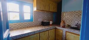 een keuken met een aanrecht, een wastafel en een raam bij The City Escape Farmstay in Shimla