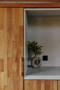 a plant sitting on a shelf in a cabinet at Masa Kini 3 BR Family Villa with Pool walking distance to Uluwatu Beach in Uluwatu