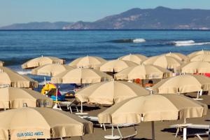 un montón de sombrillas en una playa con el océano en Gitavillage Club degli Amici, en Pescia Romana