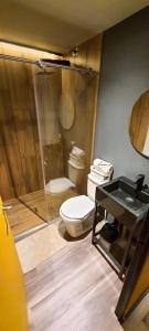 La salle de bains est pourvue de toilettes et d'une douche en verre. dans l'établissement Apartaestudio en Chía, à Chía