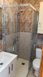 a bathroom with a shower with a toilet and a sink at La Mata & Sea in La Mata