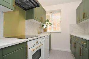 a kitchen with green cabinets and a sink at Stylish apartment, Barbican in Plymouth