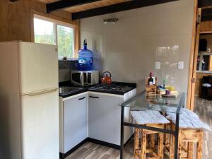 a kitchen with a white refrigerator and a table at Lodge in the Woods in Puerto Montt