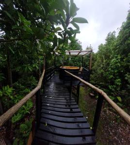 a wooden staircase in the middle of a forest at Lodge in the Woods in Puerto Montt