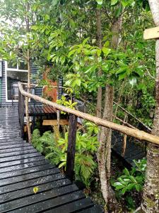 una pasarela de madera con un banco y árboles en Lodge in the Woods, en Puerto Montt