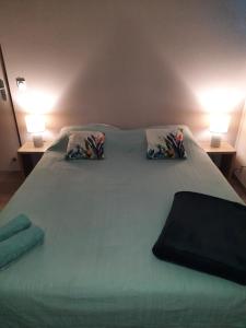 - une chambre avec un grand lit et deux lampes dans l'établissement Fare Juanita Ho'e, à Opoa