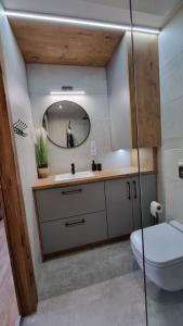 a bathroom with a sink and a toilet and a mirror at Apartament LuxLoft2 in Piechowice