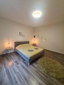 1 dormitorio con cama y alfombra verde en Appartement Luna en Dinant