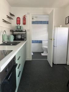 a kitchen with a white refrigerator and a toilet at Aberlour Apartment 92 B in Aberlour