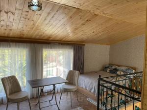 a bedroom with a bed and a table and chairs at APARTMENT IRINA in Tsqaltubo