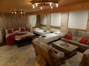 Apartamenti Dundaga XXL في Dundaga: غرفة معيشة مع أريكة وسرير