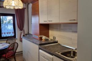 a kitchen with wooden cabinets and a sink and a table at APARTMENT GORDANA A4+2 FOR 6 PAX NATURE PARK in Lokve