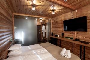 a bedroom with a bed and a flat screen tv at Ego Hotel Буковель in Yablunytsya