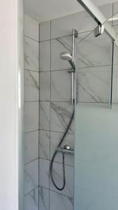 a shower with a shower head in a bathroom at Chez Clement et Mathilde - T2 hyper centre tout équipé in Saint-Amand-les-Eaux