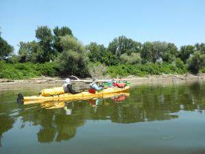 dos personas en un barco amarillo en el agua en Live Inn Bulgaria town Svishtov, en Svishtov