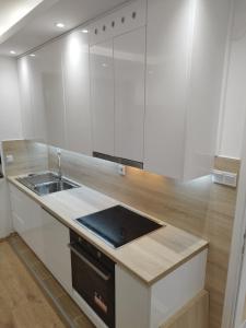 a white kitchen with a sink and a counter at Villa Amer Lux Apartments in Sarajevo