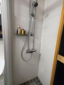a shower in a bathroom with a shower head at Saunallinen yksiö, 4 vuodepaikka in Eura