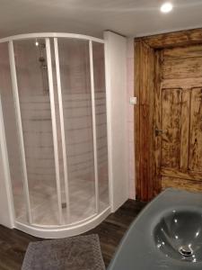 um chuveiro na casa de banho com um lavatório e uma porta em La Casa de Pimpele em Saint-Martin