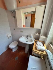 ein Badezimmer mit einem Waschbecken, einem WC und einem Spiegel in der Unterkunft Casa al mare con giardino vicino a Roma in Torvaianica