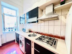 a kitchen with a sink and a stove top oven at Apartment 3 in Kerepesi Street- City Center in Budapest