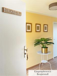 roślina siedząca na stole przed drzwiami w obiekcie Landhaus Porschdorf w mieście Porschdorf