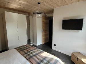 a bedroom with a bed and a flat screen tv at Les Deltas du Lac in Chambon-sur-Lac