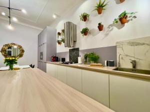 a kitchen with a table and potted plants on the wall at Spacious Apart in the Center- Main Square 300m in Wrocław