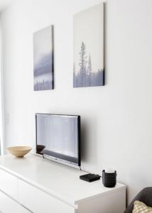 a flat screen tv sitting on top of a white cabinet at Modern Riverside Apartment with Free Parking in Budapest +17 photos