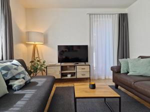 uma sala de estar com um sofá e uma televisão de ecrã plano em Apartment Via Surpunt - Perspektiva - 5 Rooms em St. Moritz