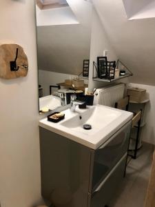 un baño con lavabo y espejo en Chambre double avec salle de bain privative, en Auxerre 11 fotos más