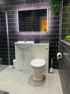 a bathroom with a white toilet and a mirror at The Midway in Adlington